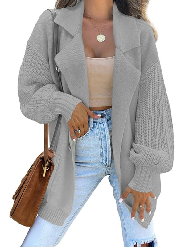 Women&#39;s suit collar long sleeve knitted jacket cardigan