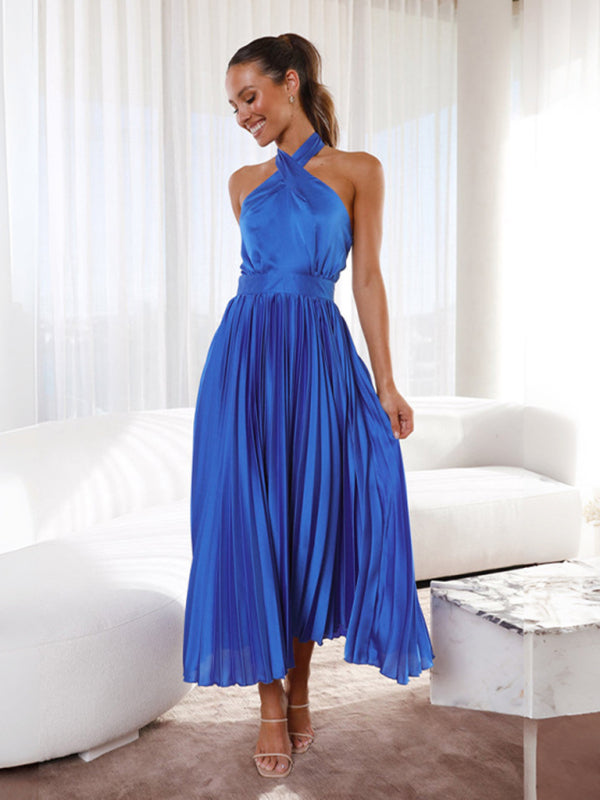 Women&#39;s halter neck pleated elegant dress