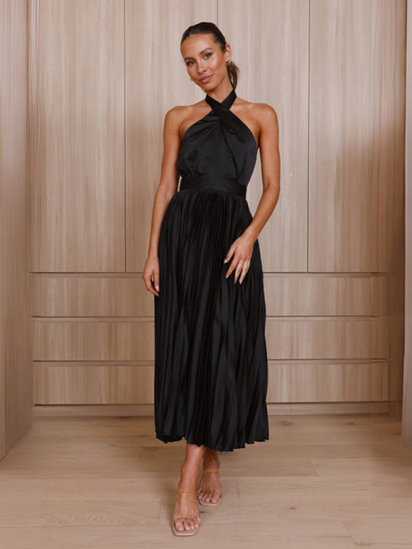 Women&#39;s halter neck pleated elegant dress