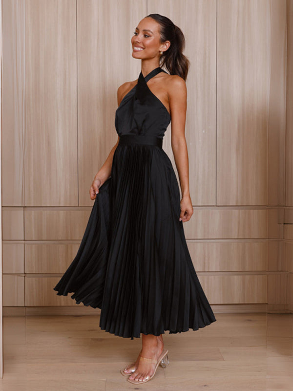 Women&#39;s halter neck pleated elegant dress