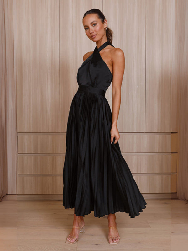 Women&#39;s halter neck pleated elegant dress