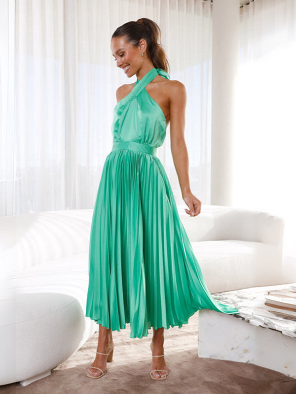 Women&#39;s halter neck pleated elegant dress